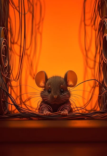 Natural neon tones, Made of bold perfect lines, Grignani, Made of lines, Striped, Anime, bold lines, wired-cyborg, mechanical parts, wires, cables, Closeup of a small fluffy Mouse, cinematic composition, atmospheric haze, very detailed,