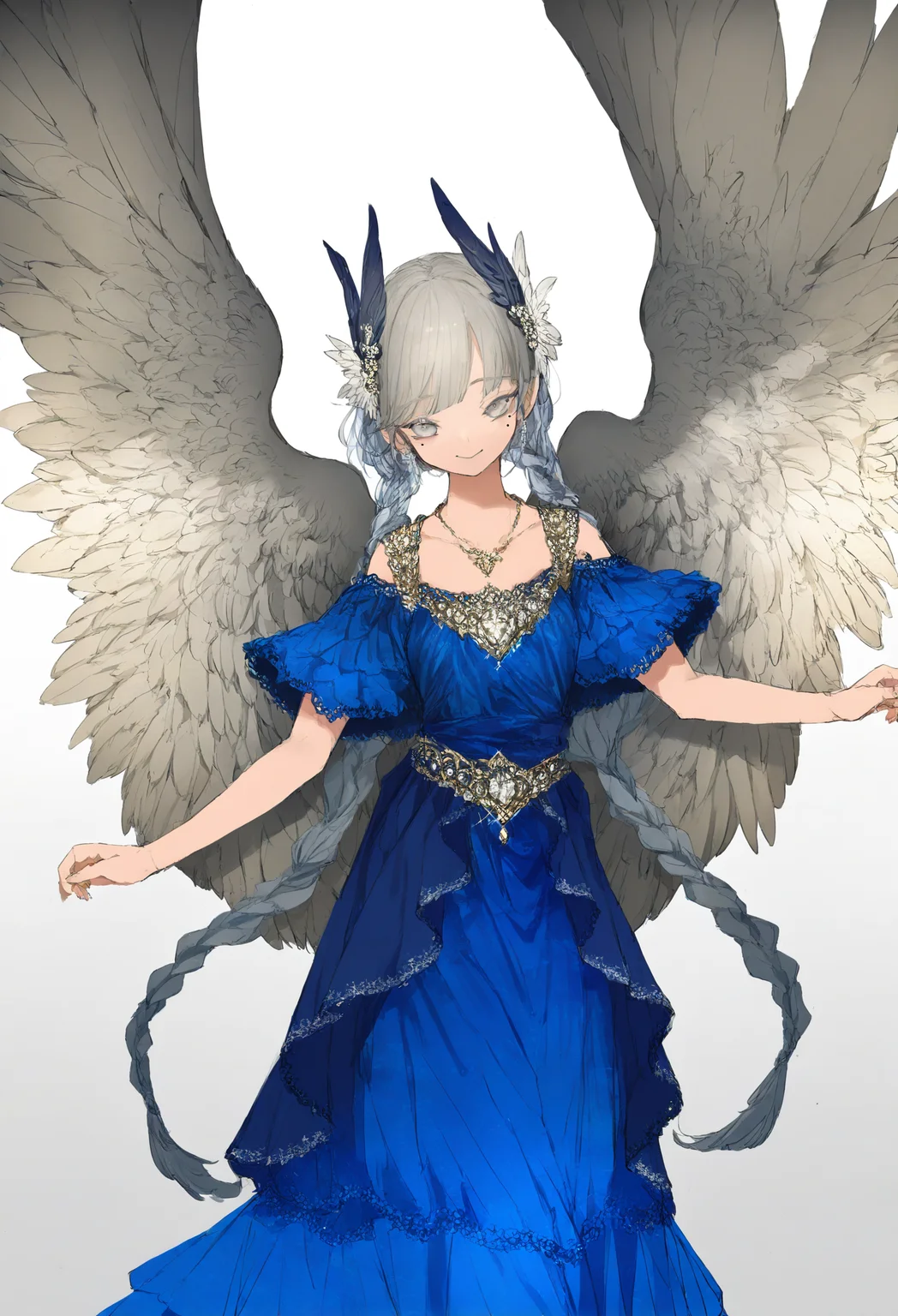 1girl, solo, wings, braid, dress, jewelry, grey eyes, necklace, twin braids, grey hair, long hair, white background, simple background, mole under eye, mole, hair ornament, looking at viewer, feathered wings, smile, blue dress, angel wings
,masterpiece,best quality,very aesthetic,absurdres,
<lora:åºæ°´fornoob:0.95>