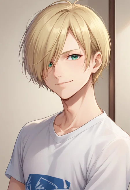 score_8_up, score_7_up, source_anime, highly detailed,
yurio, 1boy, male focus, blonde hair, green eyes, hair over one eye, solo, t-shirt, upper body, smile,
indoor,
