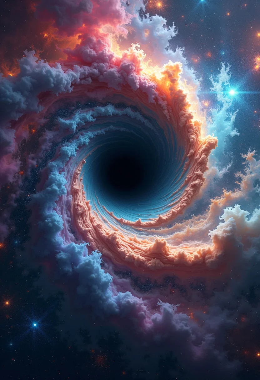 a front centered view of space nebula with beautiful colors, at the center lies a giant black hole spiral