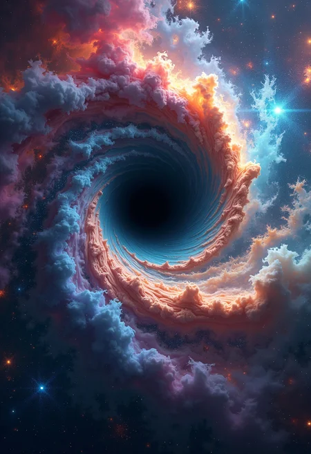 a front centered view of space nebula with beautiful colors, at the center lies a giant black hole spiral