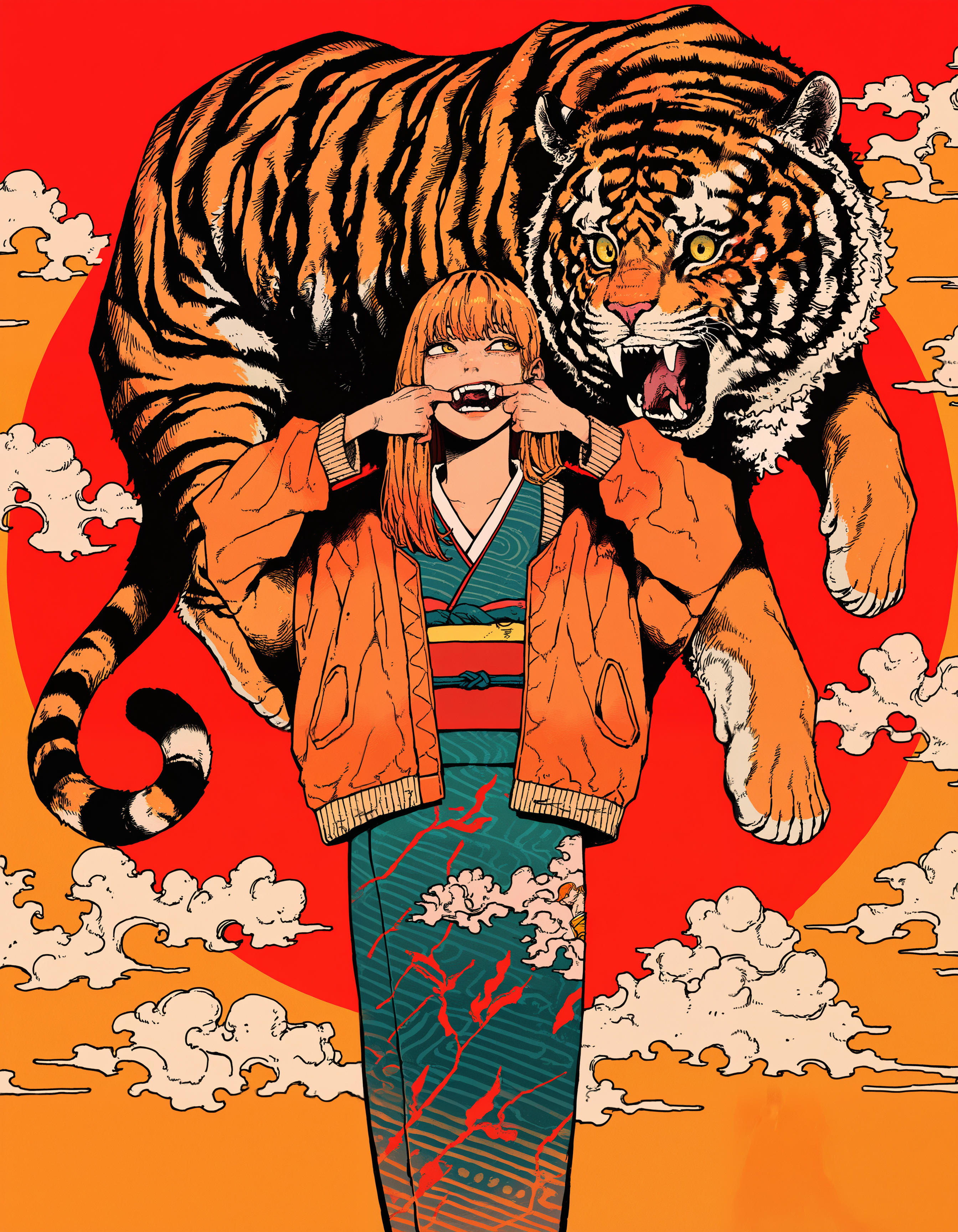 amazing quality, newest, absurdres, realistic lighting,   1girl, ginger hair, cloud kimono, long dress, orange jacket, tiger, chinese new year, year of the tiger, two-tone background, red background, orange background, mouth pull,   straight-on, looking afar,   <lora:kou_tamagosan1001>