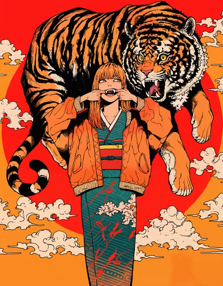amazing quality, newest, absurdres, realistic lighting, 1girl, ginger hair, cloud kimono, long dress, orange jacket, tiger, chinese new year, year of the tiger, two-tone background, red background, orange background, mouth pull, straight-on, looking afar, <lora:kou_tamagosan1001>