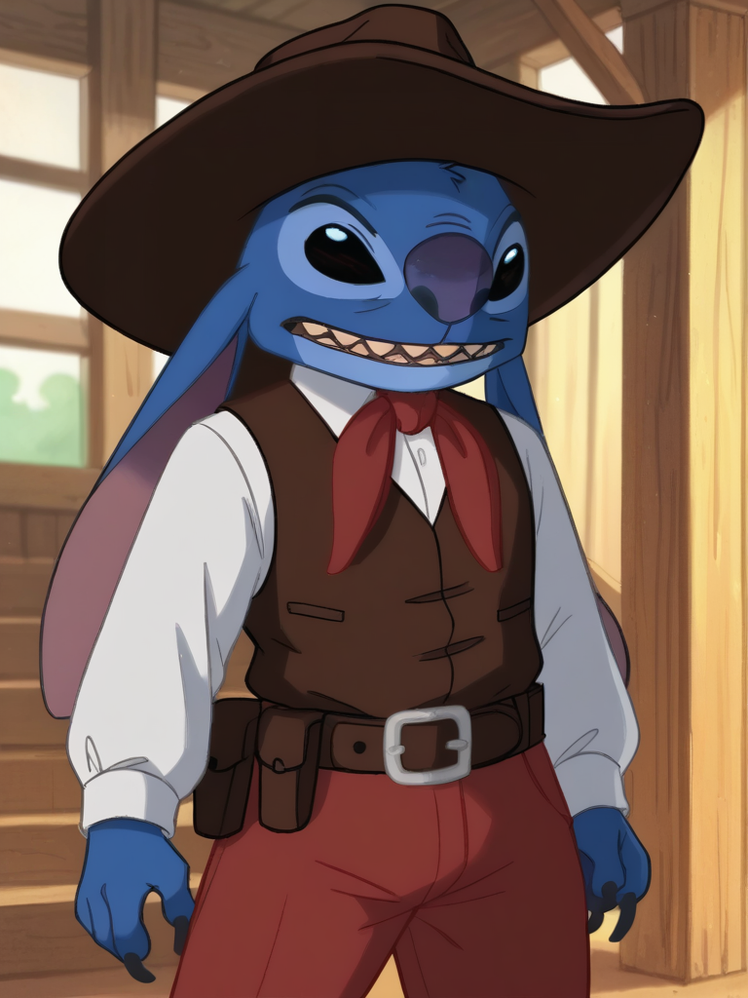 score_9, score_8_up, score_7_up, rating_explicit, source_anime,detailed skins,cowboy shot,  highly detailed,stitch,black eyes,no pupils,no humans,colored skin, blue skin, furry,sharp teeth,two-armed,claws,stitchcowboy,brown cowboy hat,white long sleeve shirt,brown sleeveless jacket, red neckerchief,belt,red pants ,(four-armed:1.4),  <lora:StS_PonyXL_Detail_Slider_v1.4_iteration_3:3>, <lora:Stitch:1>,solo