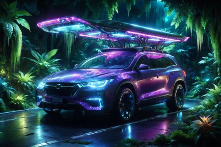 morph-aurora, a futuristic wagon with family design, sleek curves, solo, plasma thrusters, emitting blue light, futuristic garage, sleek tools, neon accents, detailed background, hovering above a jungle, vines below, glowing plants, action focus, medium shot, a futuristic scanner, emitting light, on the car, best quality, rich colors, photorealistic style, high detail, high-definition, hyper-realistic, extremely high-resolution details, fine texture, incredibly lifelike, realistic, not fantasy, not anime, not drawing, highres, 4K resolution, source photo, realistic photo, masterpiece, best quality, amazing quality, very aesthetic, ultra-detailed, detailed surfaces, natural metallic tones, soft lighting, midnight purple, glossy finish, warm light, dynamic angle, wide shot, <lora:add-detail-xl:1> <lora:aurora_0_100_V1-000009:0.65>