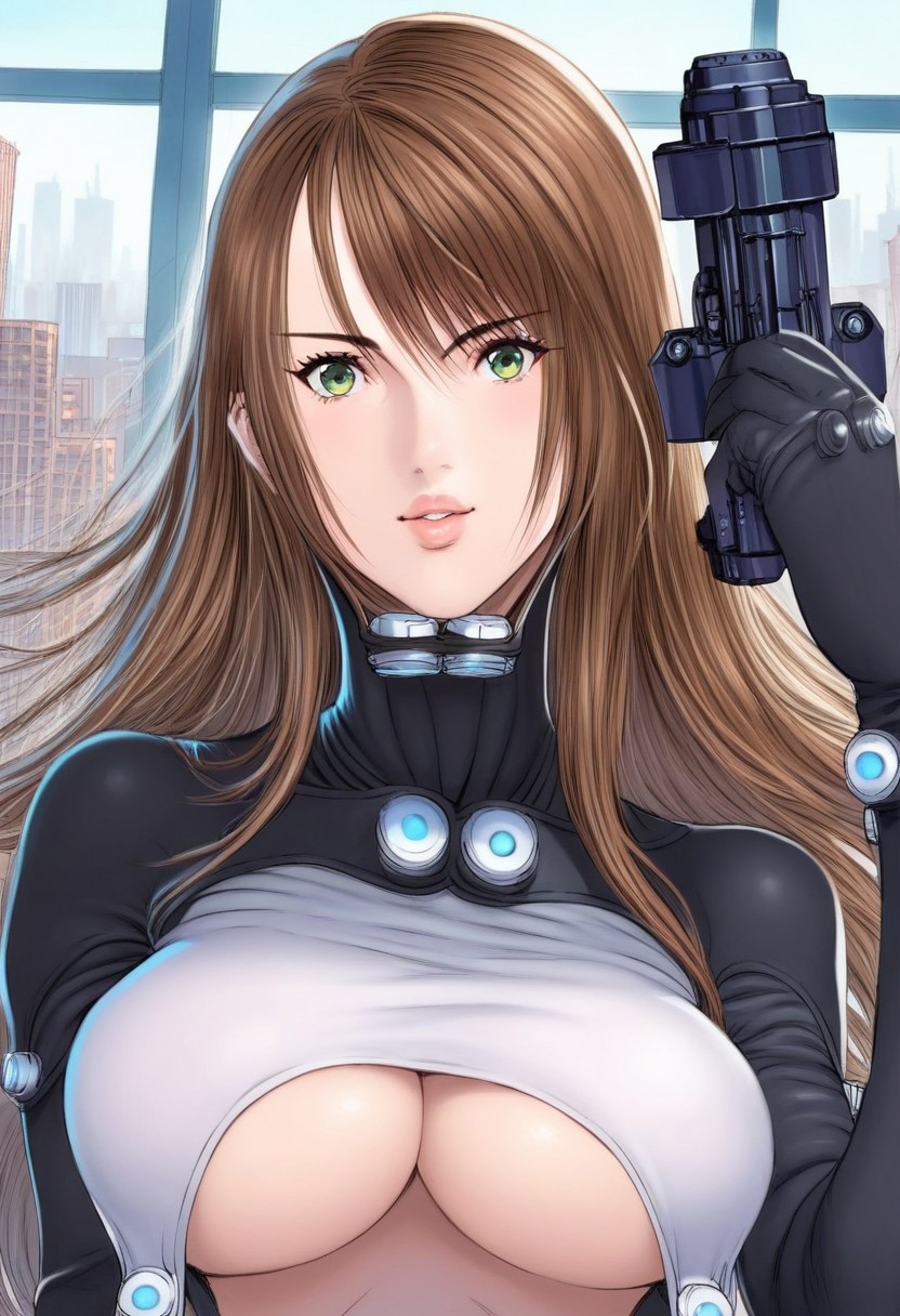 score_9, score_8_up, score_7_up, volumetric lighting, background, 1girl, long hair, breasts, brown eyes, black bodysuit, large breasts, underboobs, brown hair, weapon, gun, holding, holding gun, green eyes, upper body, face focus, face closeup, indoor, room, windows, city, skyscrapers, dynamic pose, hiroya_oku_gantz_style