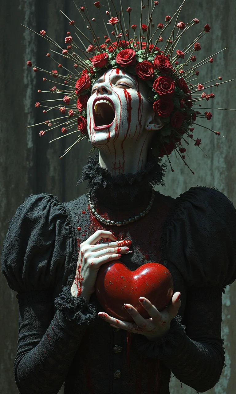 Gothic horror queen with vivid expressions and screaming in pain. She wore a black Victorian dress with lace details, which had many spikes on the surface, which were seriously troubled and soaked in blood. Her face was ghostly pale, with red makeup around her eyes, and blood dripping from her chest and hands. The surreal crown made of roses extends outward like a weird halo; there is a red heart in your hand. Dark and moody lights, surreal details, disturbing horror aesthetics, dramatic scenes.<lora:flux1-D\flux_realism_lora.safetensors:0.4:1.0> <lora:flux1-D\flux.1_lora_flyway_Epic-detail_v2.safetensors:0.5:1.0>