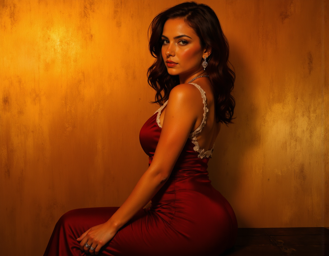 Rembrandt style rear view,The image is a high-resolution photograph featuring a woman of likely Latin or Mediterranean descent, sitting against a textured, golden-brown background. She has long, wavy, dark brown hair cascading over her shoulders, and her skin tone is a warm, olive complexion. Her facial features are well-defined, with dark, expressive eyebrows, full lips, and a confident, slightly smoldering gaze directed towards the camera., 
She is wearing a deep burgundy, satin gown that has a V-neckline with delicate, white lace trim along the edges. The dress is form-fitting, accentuating her hourglass figure with ample cleavage and a cinched waist. She accessorizes with dangling, silver earrings and a thin, silver necklace with a small pendant. Her hands rest gently on her lap, with a ring adorning her left hand., 
The background is a rich, metallic gold, adding a luxurious feel to the image. The texture of the background is slightly grainy, creating a warm, intimate atmosphere. The lighting is soft and flattering, highlighting her features and the texture of her dress, without casting harsh shadows. The overall mood of the photograph is elegant and sophisticated, with a hint of sensuality., <lora:SuperModel-V8:1> . Baroque, chiaroscuro, realistic, emotional, "flat lighting, dark shot