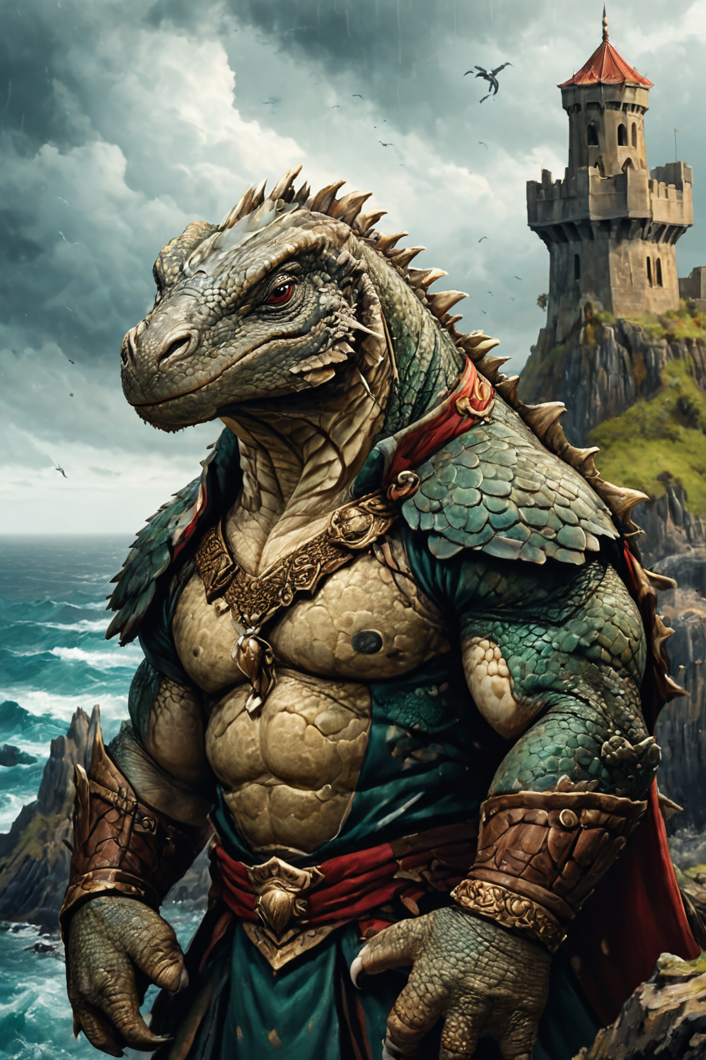 Detailed digital portrait of an anthro Komodo dragon at a Cliffside fortress overlooking stormy seas, <lora:xl_more_art-full_v1:0.5>,  <lora:The_Crazy_Style:0.7> <lora:anthro_muscular:0.7>