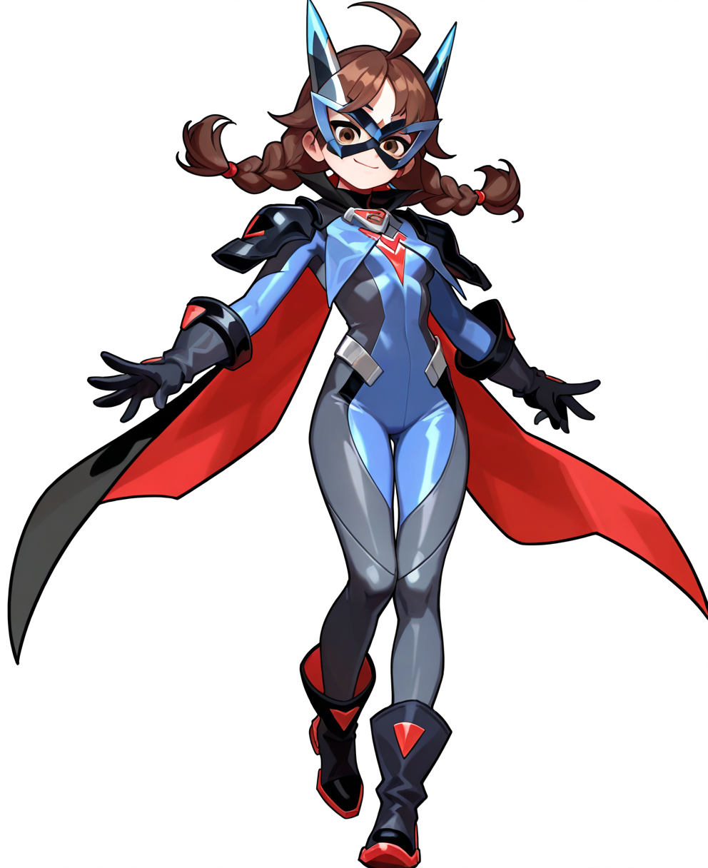 <lora:smashlegends:1> smashlegends,
(masterpiece), (best quality), (ultra-detailed), amazing quality, very aesthetic, illustration, perfect composition, intricate details, absurdres, incredibly absurdres, shiny skin, realistic,
 smashlegends, 1girl, eye mask, ahoge, braid, gloves, smile, closed mouth, bodysuit, solo, full body, boots, brown eyes, twintails, cape, grey bodysuit, long hair, black gloves, shoulder armor, looking at viewer, official alternate costume, brown hair, mask, transparent background, twin braids, blue bodysuit, armor, shoulder pads, cosplay, black footwear, general