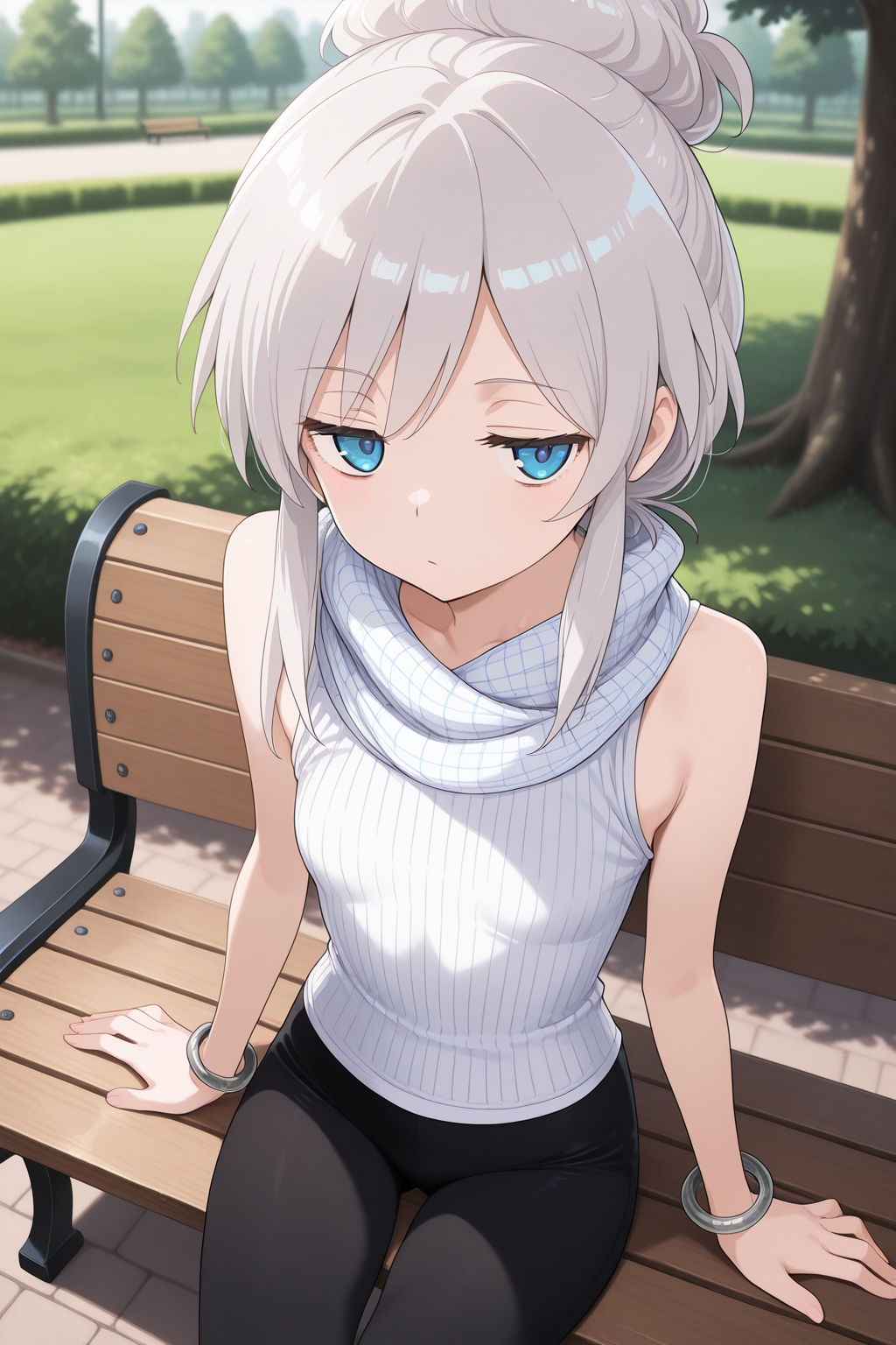 1girl,
DeuxMurasameGundamGQ, DMNormalOutfit,
general, solo, perspective, 
grey hair, blue eyes, colored eyelashes, collarbone,
jitome,
white scarf, plaid, sleeveless shirt, white shirt, bangle,
black leggings, 
looking at viewer, sitting, arm support,
park, bench, swinging legs,
depth of field,
<lora:kp_DeuxMurasameGundamGQIllustrious_v1_1:1.0>,
masterpiece, best quality, amazing quality