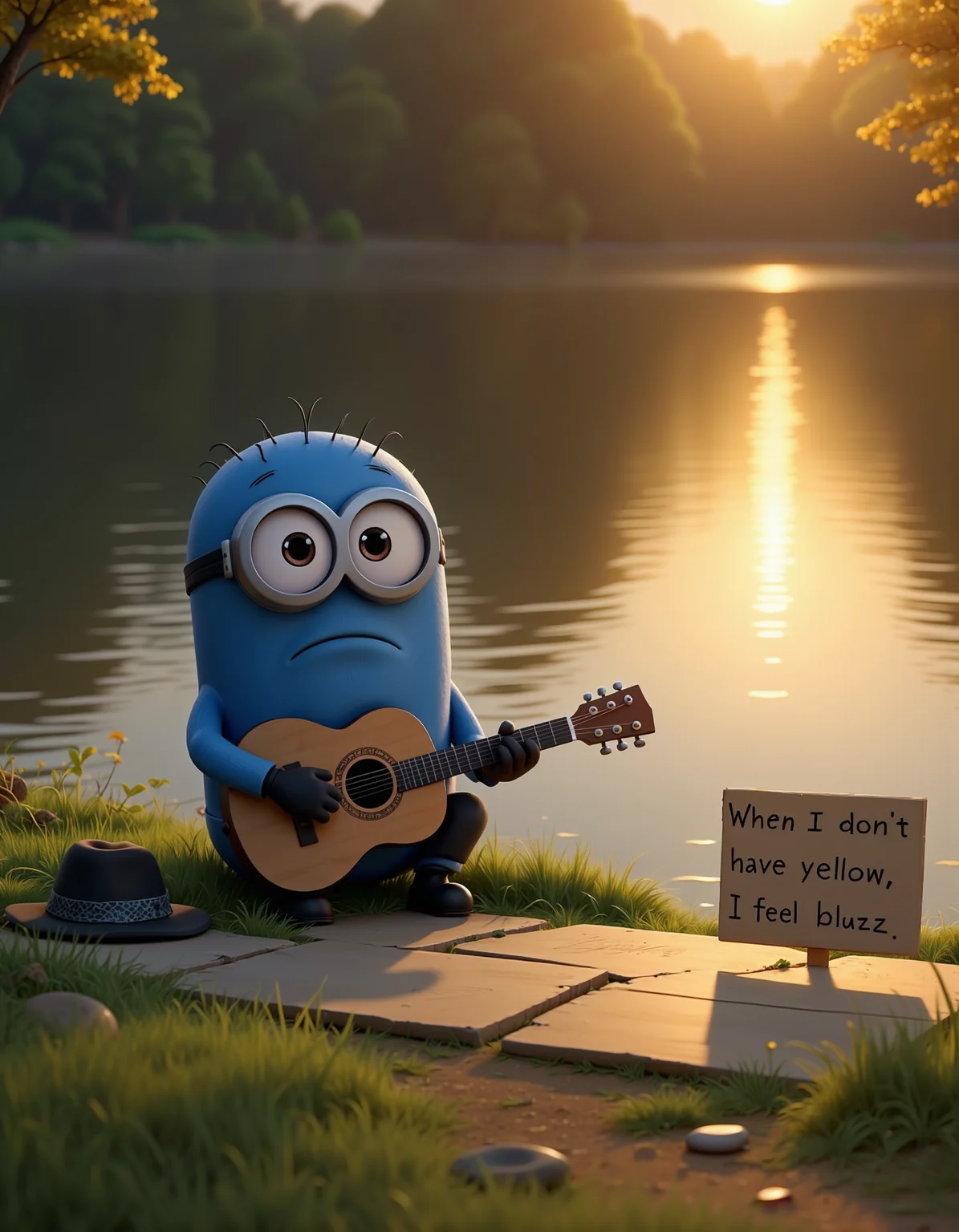 A lonely blue Minion from the Despicable Me movie sitting quietly by a lakeshore, strumming a guitar. A simple cardboard sign is placed in front of the Minion, with the phrase 'When I don't have yellow, I feel bluzz' written in large, clear letters. The setting is at dusk, with the golden light of the setting sun gently reflecting off the still waters of the lake. The Minion looks sad and contemplative, a beggar's hat resting nearby on the grass, alongside scattered small stones and fallen leaves. The atmosphere is serene yet emotional, with high-quality, realistic textures showing in the ripples of the water, the roughness of the cardboard, and the shadows cast by the setting sun. Masterpiece quality, 4k, concept art level of detail, capturing the mood of solitude and quiet reflection.