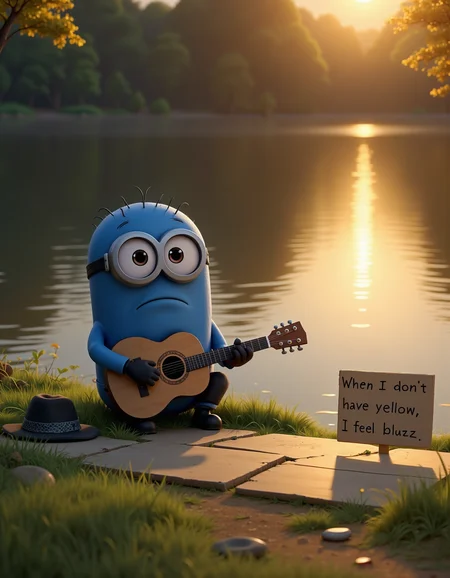 A lonely blue Minion from the Despicable Me movie sitting quietly by a lakeshore, strumming a guitar. A simple cardboard sign is placed in front of the Minion, with the phrase 'When I don't have yellow, I feel bluzz' written in large, clear letters. The setting is at dusk, with the golden light of the setting sun gently reflecting off the still waters of the lake. The Minion looks sad and contemplative, a beggar's hat resting nearby on the grass, alongside scattered small stones and fallen leaves. The atmosphere is serene yet emotional, with high-quality, realistic textures showing in the ripples of the water, the roughness of the cardboard, and the shadows cast by the setting sun. Masterpiece quality, 4k, concept art level of detail, capturing the mood of solitude and quiet reflection.