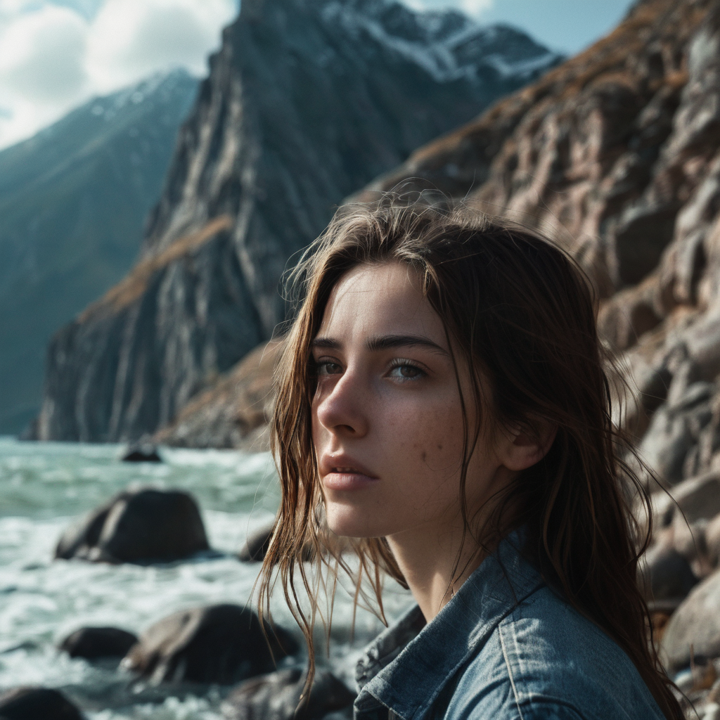 photography, cinematic, a potrait of cool beatiful woman standing next to a rocky shore with water coming out of her face and a mountain in the background highly detailed <lora:style_lora_dadaptadam_realis-step00002600:0.5>