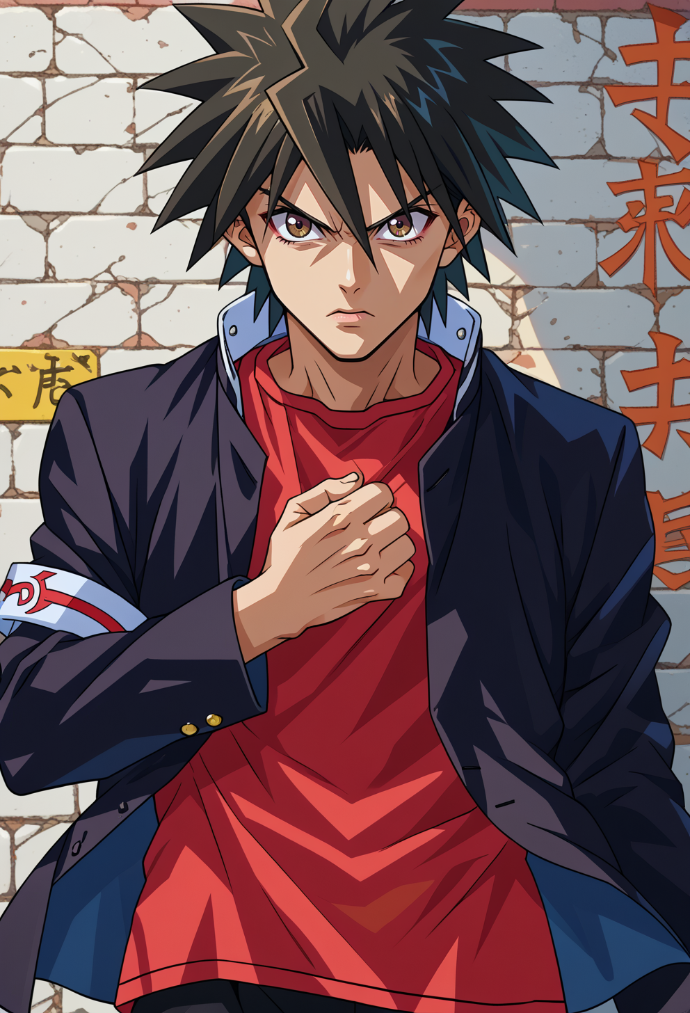 score_9, score_7_up, source_anime, BREAK <lora:AEKazuki:0.7> AEKazukiDef, brown eyes, black hair, spiked hair, gakuran, school uniform, black jacket, long sleeves, open jacket, armband, red shirt, black pants, hand on own chest, determined, serious, clenched hand,