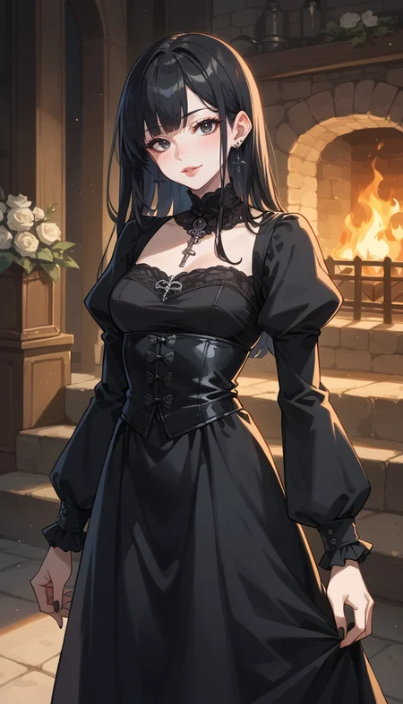 score_9, score_8_up, score_7_up, Anime Style, Cowboy Shot, girl, gothic, cute, seductive, innocent, light smile:0.3, plump lips, slender body, pale skin, long straight black hair, bangs, black goth dress, medieval theme, fire in the fireplace background, depth of field, dynamic angle, fashion photography, sharp, hyperdetailed:1.15