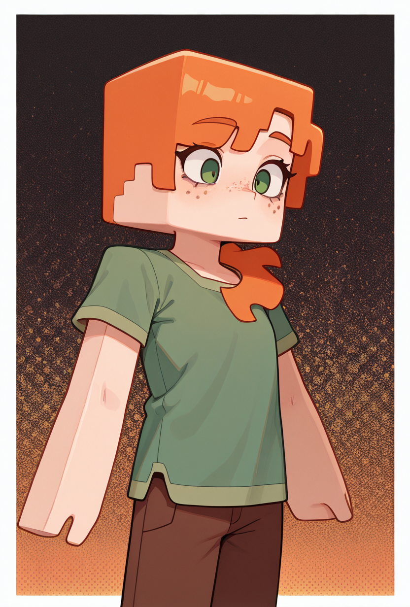 <lora:alexmc-10:1> alexmc, orange hair, 1girl, solo, green eyes, green shirt, brown pants, short sleeves, freckles, square arms,, masterpiece, best quality, amazing quality, very aesthetic, absurdres, newest,, upper body, halftone effect, white borders, abstract background:1.2,