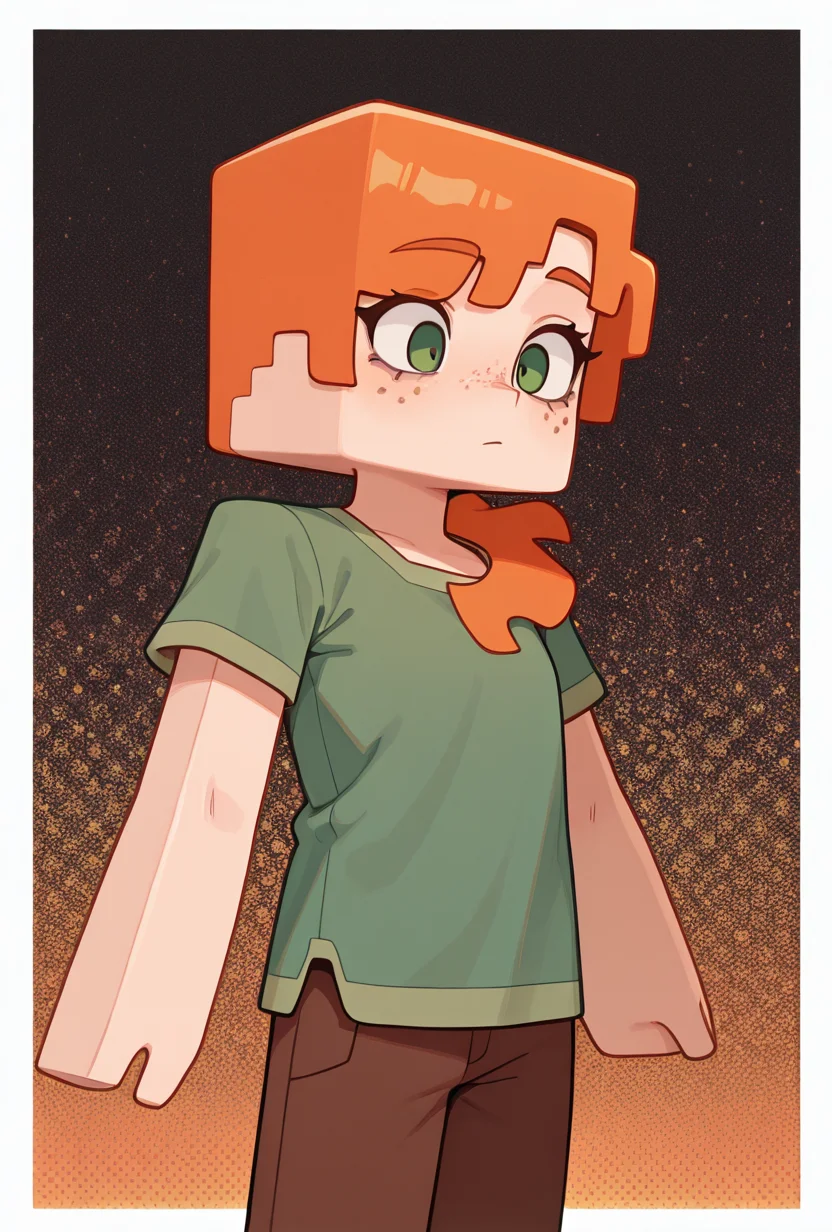 <lora:alexmc-10:1> alexmc, orange hair, 1girl, solo, green eyes, green shirt, brown pants, short sleeves, freckles, square arms,, masterpiece, best quality, amazing quality, very aesthetic, absurdres, newest,, upper body, halftone effect, white borders, abstract background:1.2,