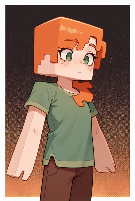 <lora:alexmc-10:1> alexmc, orange hair, 1girl, solo, green eyes, green shirt, brown pants, short sleeves, freckles, square arms,, masterpiece, best quality, amazing quality, very aesthetic, absurdres, newest,, upper body, halftone effect, white borders, abstract background:1.2,