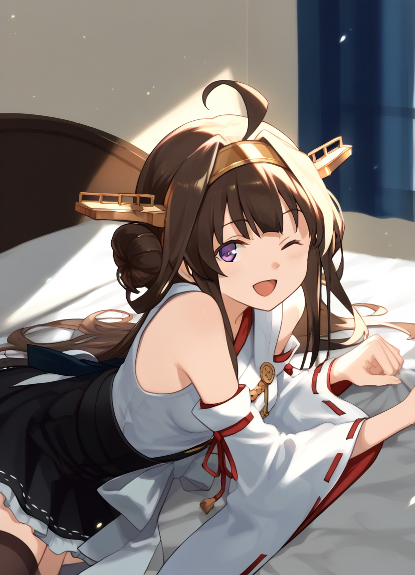score_9, score_8_up, score_7_up, masterpiece, best quality, absurdres, official art, official style, (anime screencap, megami magazine:1.2), zPDXL2, zPDXLxxx, <lora:Shibafu_Style_Pony_v1:0.7>, 1girl, solo focus, shibafu_style, <lora:kongou-09:0.8>, kongoukainiKC,long hair, skirt, thighhighs, ahoge, hairband,detached sleeves, japanese clothes, black skirt, hair bun, double bun, headgear, ribbon trim, nontraditional miko, ribbon-trimmed sleeves, <lora:neg4all_bdsqlsz_xl_V91:1.0> <lora:ALTXL_pony_0061_8:2.0>, <lora:detailed_hands-000002:1>, hand bedroom, on bed, bed sheet, morning, dim lighting, light particles, on stomach, from behind one eye closed, open mouth, smile, looking at viewer,