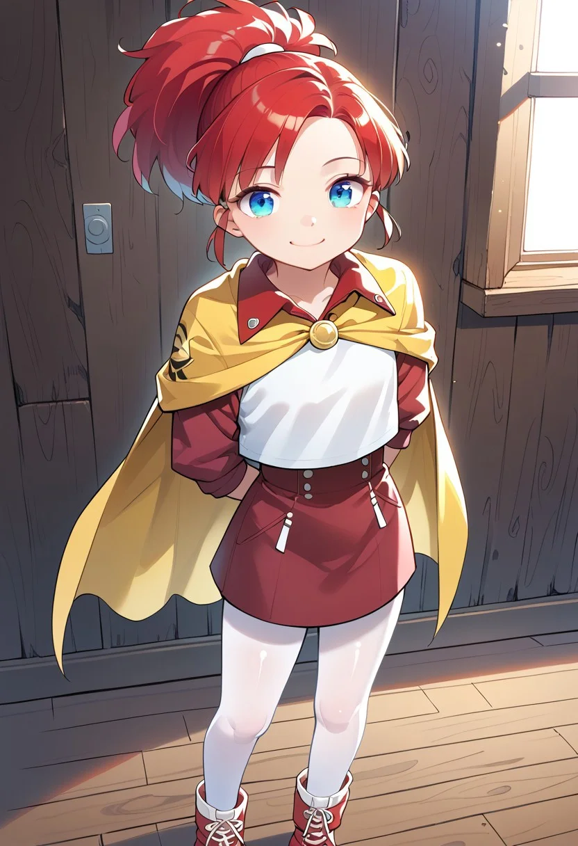 score_8, score_8_up, score_7_up, female focus, solo, 1girl, Elie_Lunar, red hair, ponytail, sidelocks, cape, yellow cape, jacket, collared jacket, raglan sleeves, dress, red dress, pantyhose, white pantyhose, boots, red boots, standing, looking at viewer, indoors, wooden floor, wooden wall, smile, blue eyes