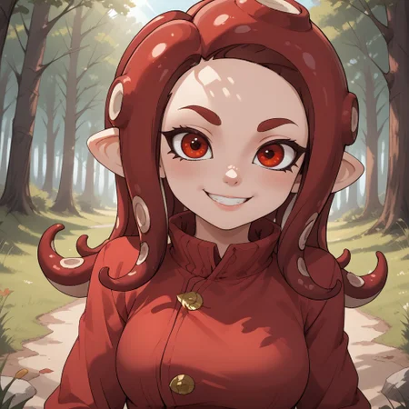 score_9, score_8, BREAK, solo, splatoon, octoling, female octoling, 1girl, tentacle hair, red hair, red eyes, cute, red eyebrows, red clothing, red pants, red shoes, breasts, Hilary_(\OC_Octoling\), sexy pose, self portrait, smile, outdoors, sunlight, shadows, evening lighting, natural lighting, forest, trees, grass, orange sky, sunset