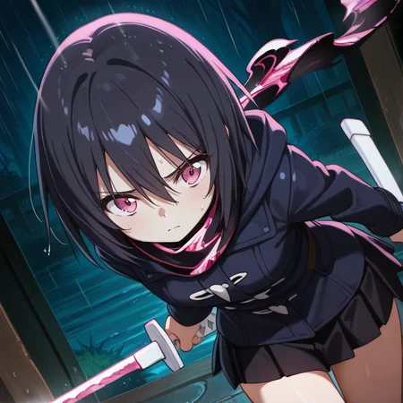 <lora:IL_Yamoto_Koki:1>,nin_sly_k,1girl,solo,yamoto koki /(ikusa/),pink eyes,short hair,black hair,
hooded jacket,black miniskirt,scarf,
katana /(ubasute/),cowboy shot,dutch angle,leaning forward,sheath,rain,darkness,night,drop shadow,furrowed brow,holding katana,<lora:Unfazed - Illustrious character enhancer:0.5>,dual wielding,, masterpiece,best quality,amazing quality,very aesthetic,absurdres,