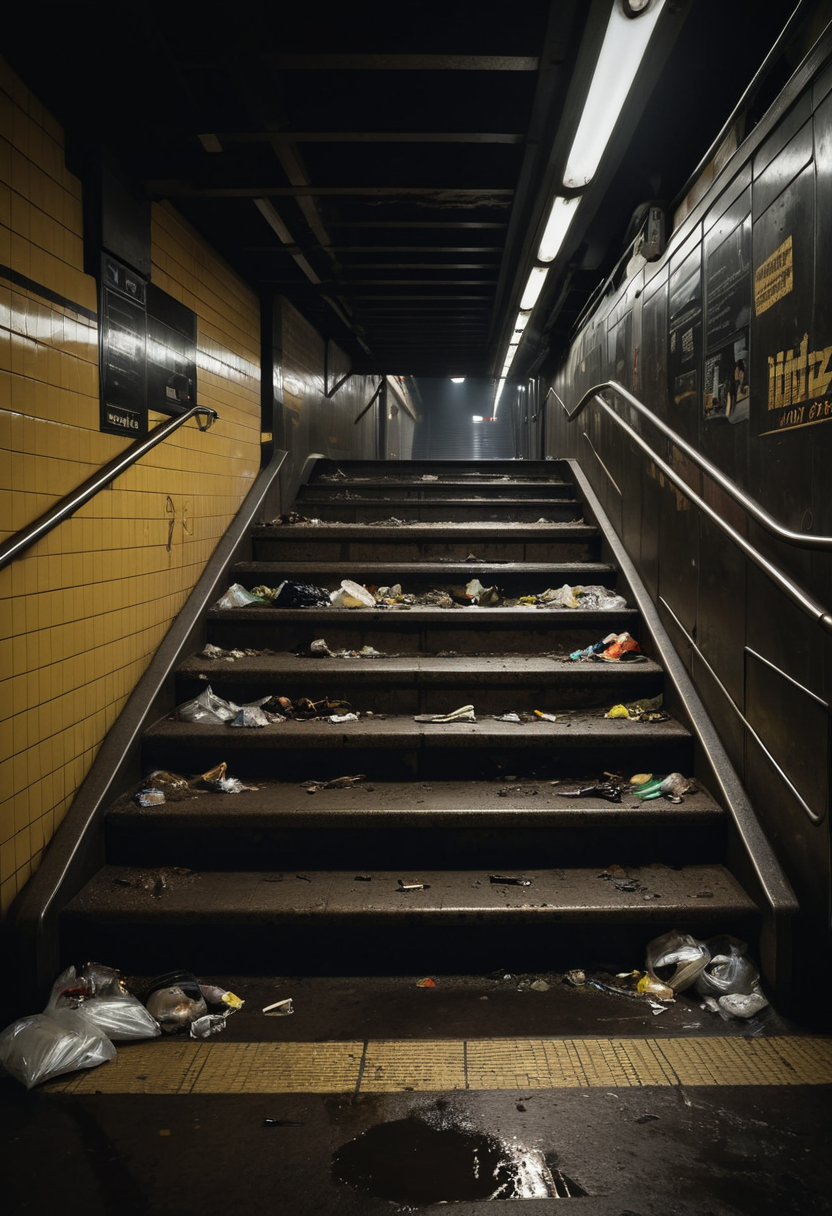 high quality photo of a dirty disgusting subway station, dark, bad lighting, extremely detailed, high quality, cinematic  <lora:zavy-cntrst-sdxl:0.5> dark, chiaroscuro, low-key, dank and dirty. grimy, litter and trash everywhere, stairs leading down into subway