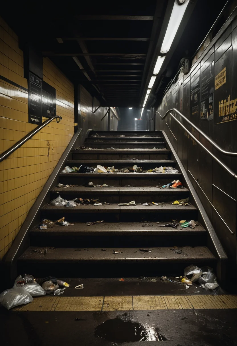 high quality photo of a dirty disgusting subway station, dark, bad lighting, extremely detailed, high quality, cinematic  <lora:zavy-cntrst-sdxl:0.5> dark, chiaroscuro, low-key, dank and dirty. grimy, litter and trash everywhere, stairs leading down into subway