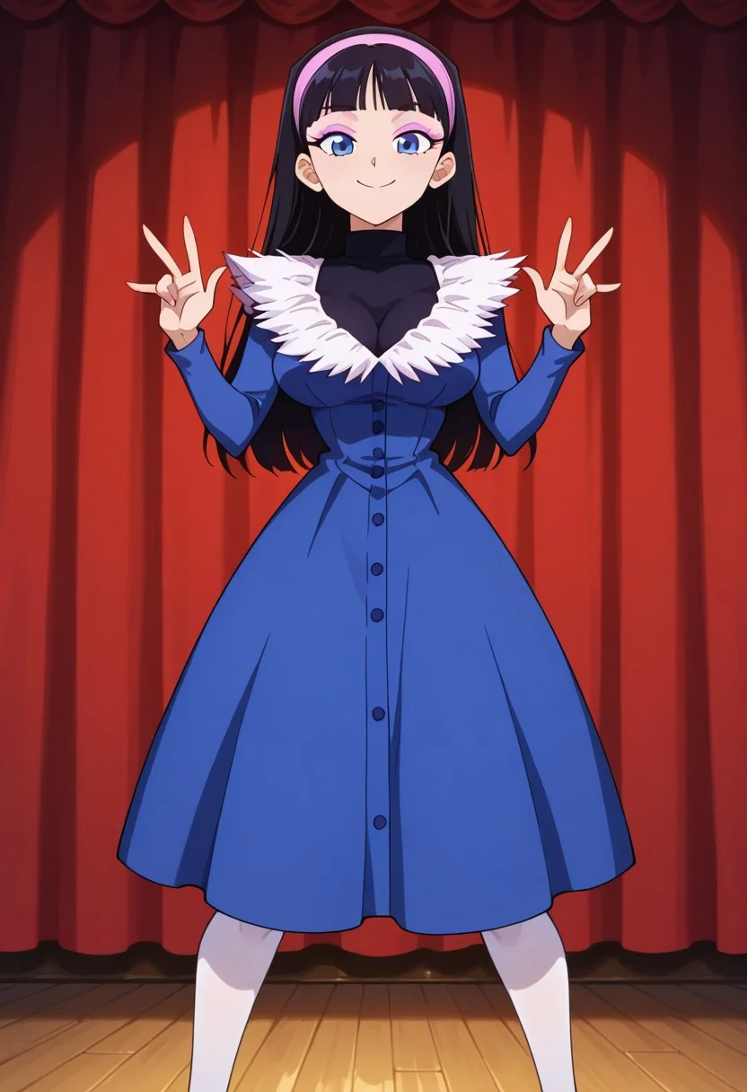 <lora:anime_screencap-IL v-pred:1>, anime screencap, anime coloring, amazing quality, very aesthetic, absurd resolution, masterpiece, 4k resolution, perfect anatomy, perfect eyes, (hand with four fingers and one thumb), BREAK 1girl, 3/4 body shot, <lora:trixie_adult_cartoon-04:1.0>, TrixieFOP, source_cartoon, official style, black hair, long hair, blunt bangs, blue eyes, pink headband, lilac eyeshadow, tall female, slim sexy body, medium breasts, sexy standing pose, legs apart, lewd lower body, shifting her hips, looking at viewer, happy smile, joy, (<lora:blue_concert_ill-05:1>, (blue shirtdress, v-neck, white feather neckline, blue buttons, long sleeves, blue sleeves, knee-length dress, white feather hemline,), (black turtleneck, sleeveless, under dress,), white pantyhose, ), breast focus, BREAK (theatre background, stage, wooden floor, red curtain, no men, 1girl, solo,),