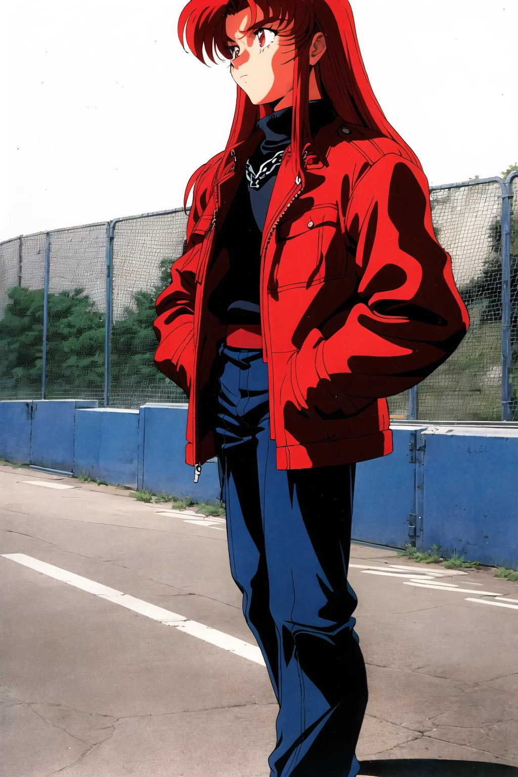 1990s \(style\), 1boy, chain-link fence, full body, hands in pockets, jacket, long hair, red hair, retro artstyle, socks, solo, standing