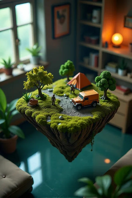 (indoor,very wide isometric view,tilt-shift lens:1.6), (windowless,fna_style,miniature,miniature,diorama,miniature,diorama,PVC,plastic:2),starry night grass,(forest:0.2),(ruins:1.5), researchers, tent, truck,jeep  at (floating island,levitating  island:1.5) on (table:2) at (attic room:2.5)    <lora:Fantasy_Novel_Art_Style:1> <lora:Rostpunk:0.35>âââ