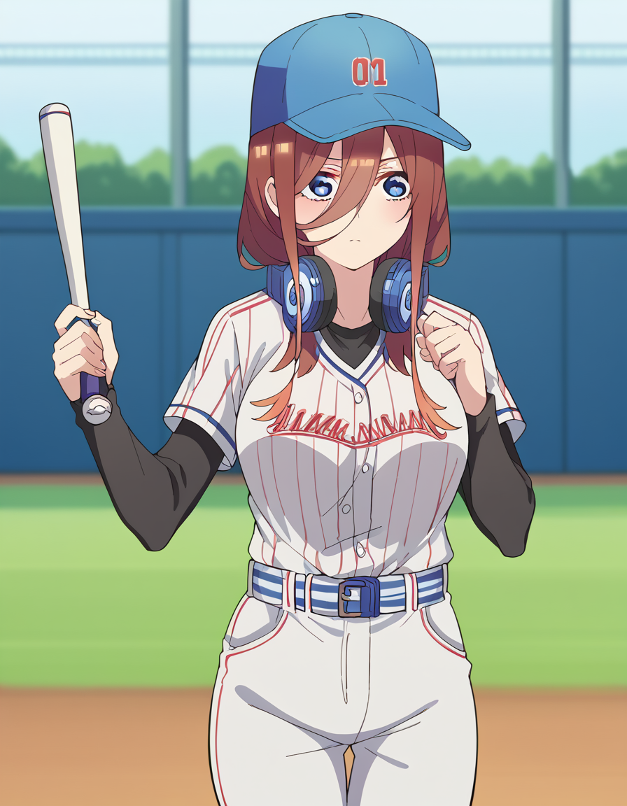 score_9, score_8_up, score_7_up, source_anime, <lora:miku-nakano-s2-ponyxl-lora-nochekaiser:1>, miku nakano, long hair, bangs, blue eyes, brown hair, hair between eyes, headphones, headphones around neck, large breasts,, <lora:baseball-uniform-ponyxl-lora-nochekaiser:1> baseball uniform, baseball, striped belt, shirt under shirt, sportswear, ribbed shirt, baseball helmet, baseball bat, baseball jersey, baseball field, holding baseball bat,, , cowboy shot,