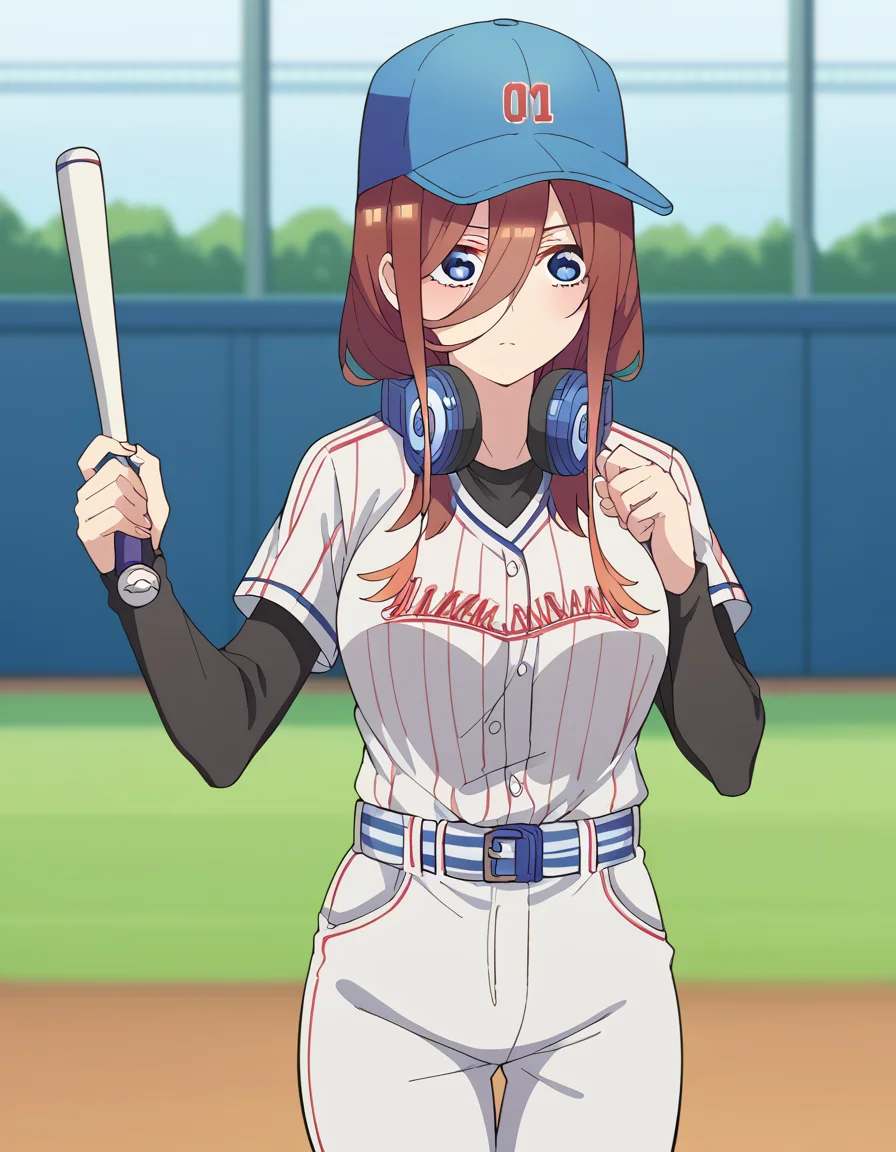 score_9, score_8_up, score_7_up, source_anime, <lora:miku-nakano-s2-ponyxl-lora-nochekaiser:1>, miku nakano, long hair, bangs, blue eyes, brown hair, hair between eyes, headphones, headphones around neck, large breasts,, <lora:baseball-uniform-ponyxl-lora-nochekaiser:1> baseball uniform, baseball, striped belt, shirt under shirt, sportswear, ribbed shirt, baseball helmet, baseball bat, baseball jersey, baseball field, holding baseball bat,, , cowboy shot,