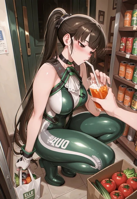 masterpiece, best quality, amazing quality, very aesthetic, absurdres, newest, chromatic aberration, (solo), 1girl, evesb, brown eyes, black hair, ponytail, blunt bangss, ( pink blush:1.3), medium breast, ,,, shiny skin,,, masterpiece, best quality, anime screencap, adult woman, simple anime style, detailed pupils, newest, masterpiece, best quality, amazing quality, in casual clothes sits on the chair, leaning on one hand. In the other hand, she holds a glass with a straw and an orange drink. squatting. She also holds a shopping bag filled with groceries — cans, boxes, tomatoes, and other items. The bag appears full, with a visible receipt sticking out. products fall out of the bag. Background is solid dark green, emphasizing the figure and colorful elements, <lora:detail_slider_v1_000000450:5> <lora:TrendCraft_The_Peoples_Style_Detailer-v1.0A-3_13_2025-illustrious:0.2>