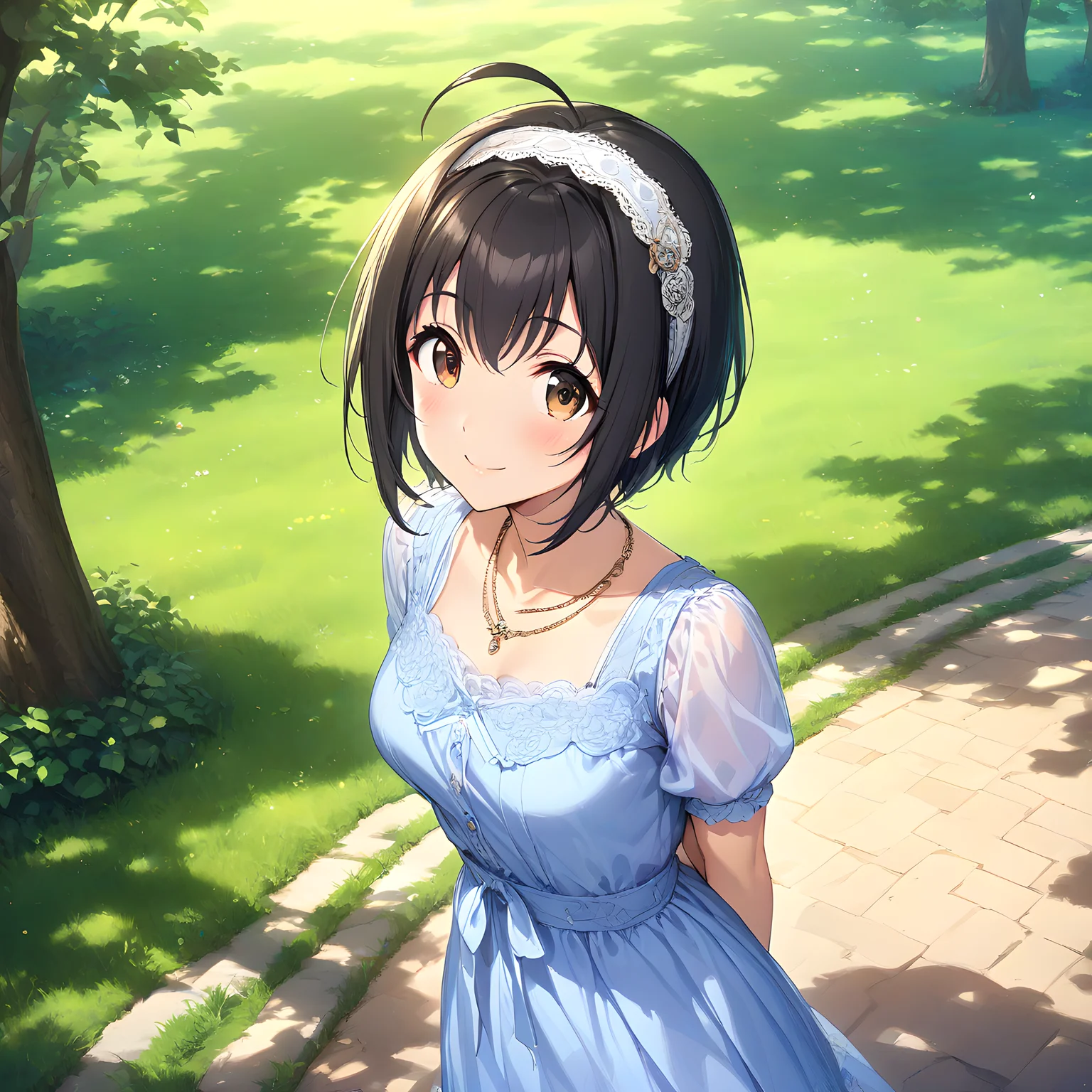 (masterpiece),(best quality),(ultra-detailed),(best illustration),(best shadow),(absurdres),(detailed background),(very aesthetic), miho kohinata, 1girl, solo, ahoge, black hair, short hair, smile, brown eyes, jewelry, hairband, dress, necklace, park background, looking at viewer, arms behind back, blue dress<lora:Miho_Kohinata:1>