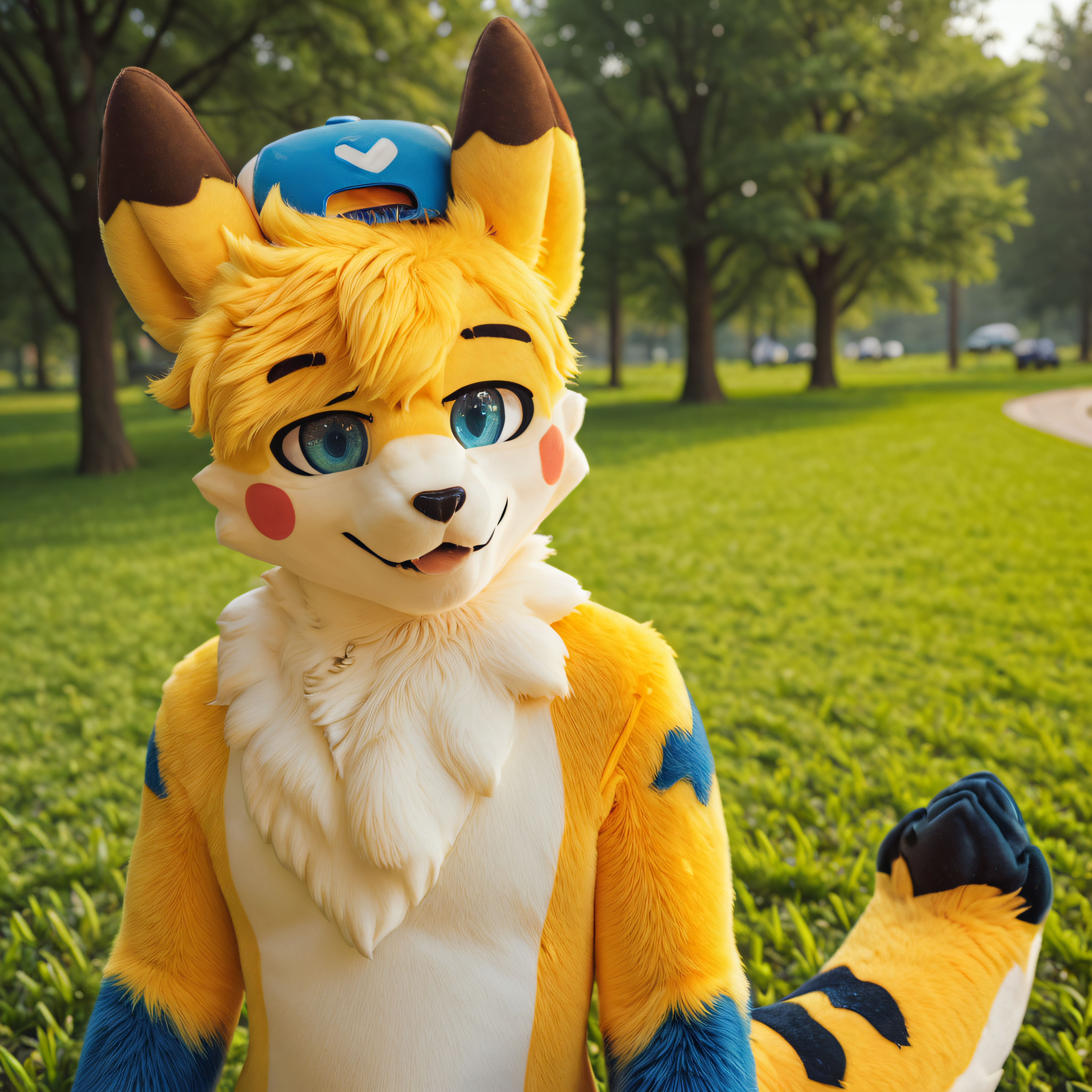 <lora:kemono_fursuit_style_Illustrious:1> <lora:PikaOc-IL:0.8>,  2024, very aesthetic, newest, best quality, masterpiece), cute,  pikaoc, yellow fur, blue eyes, blue paws, black tail tip, black ears, 1boy, solo, outdoors, in park, green grass, daytime, sharp image,   ## detailed face, (detailed face), detailed ears, detailed clothing, detailed body, (detailed body), detailed hair, detailed background, ## (broad snout:1.1), handsome face:1.5, no humans ## (fursuit, furry costume, kemono, fursuit, cosplay, animal suit), ,