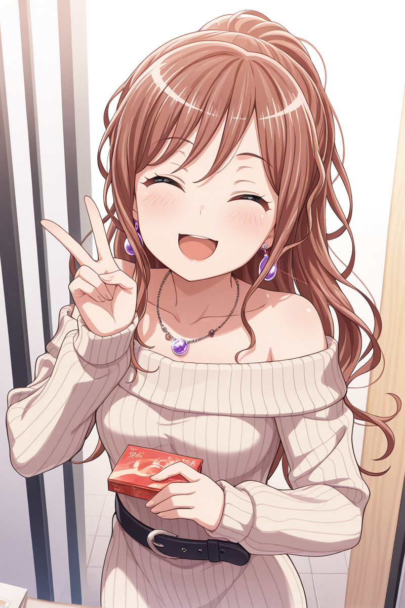 masterpiece, best quality, amazing quality,
 <lora:Lisa_IL:1> lisa_imai, 1girl, solo, jewelry, closed eyes, open mouth, long hair, earrings, belt, sweater, off-shoulder sweater, smile, brown hair, sweater dress, off shoulder, holding, necklace, ^ ^, v, bangs, dress, :d, collarbone, ribbed sweater, sweatersk