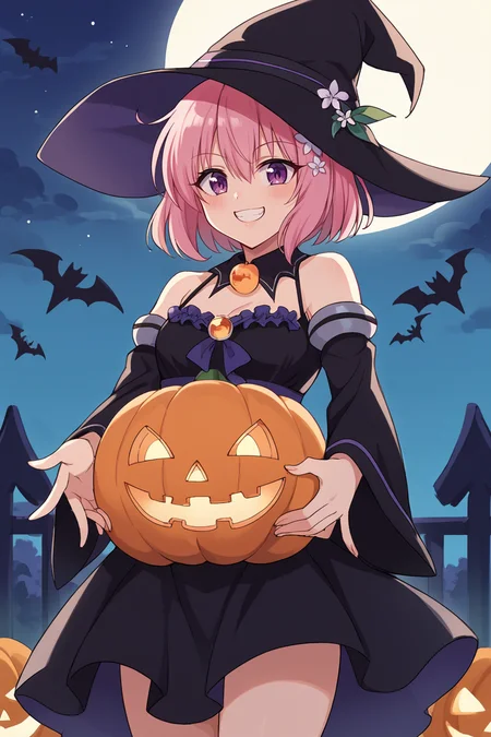 score_9, score_8_up, source_anime, BREAK 1girl <lora:tlrmomo-pdxl-nvwls-v1-000007:1> tlrmomo, pink hair, hair flower, witch hat, black dress, halloween, night sky, jack-o'-lantern, frills, grin