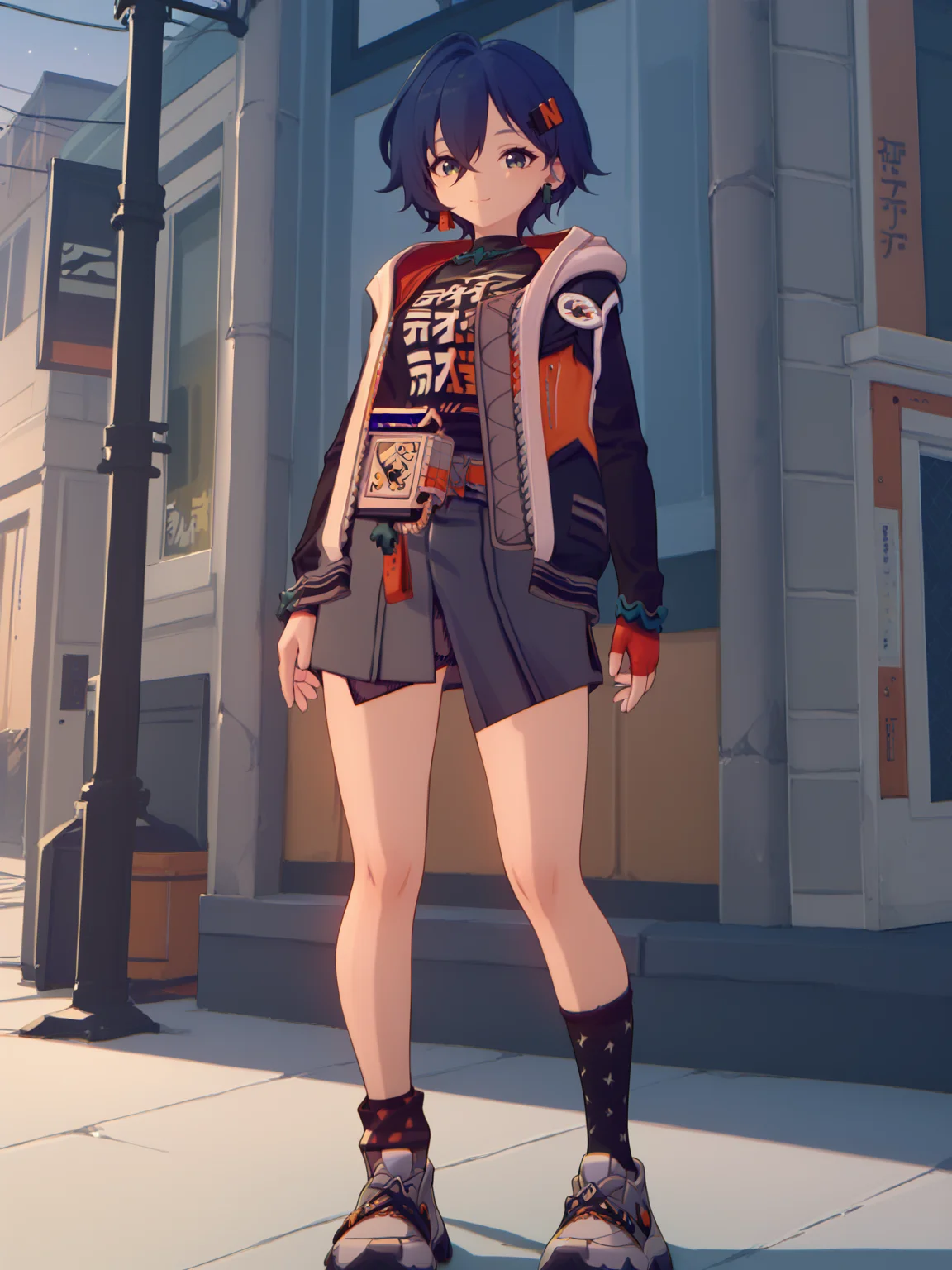 score_9, score_8_up, score_7_up, BREAK, BelleZZZ, short blue hair, orange hairpin, black T-shirt, green pendant, unbuttoned jacket, audio player on belt, one fingerless glove, gray skirt, one black stocking, one sock, sneakers  <lora:BelleZZZ:1>