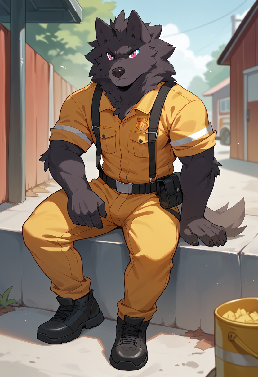 score_9, score_8_up, score_7_up, high quality, hires, leon_(i_think_i_like_you), furry, 1boy, solo, wolf boy, red eyes, black fur, muscular, full body, firefighter clothing, looking at viewer, <lora:Leon_I_Think_I_Like_You:1>