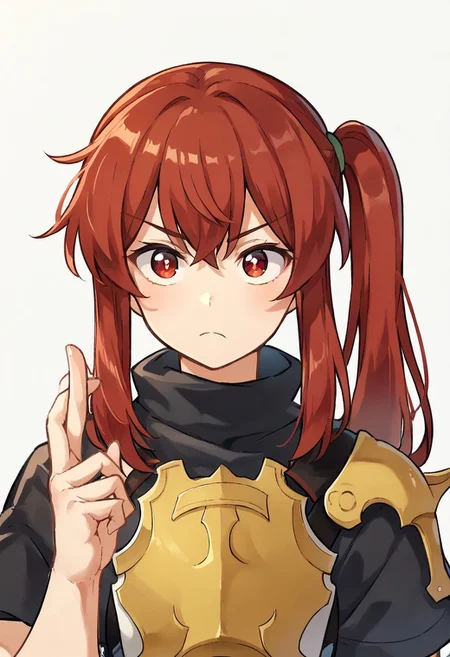 score_9, score_8_up, score_7_up,
1girl, solo, mayaofp, red hair, long hair, side ponytail, red eyes, black shirt, short sleeves, armor, breastplate,serious, muryokusho, upper body,