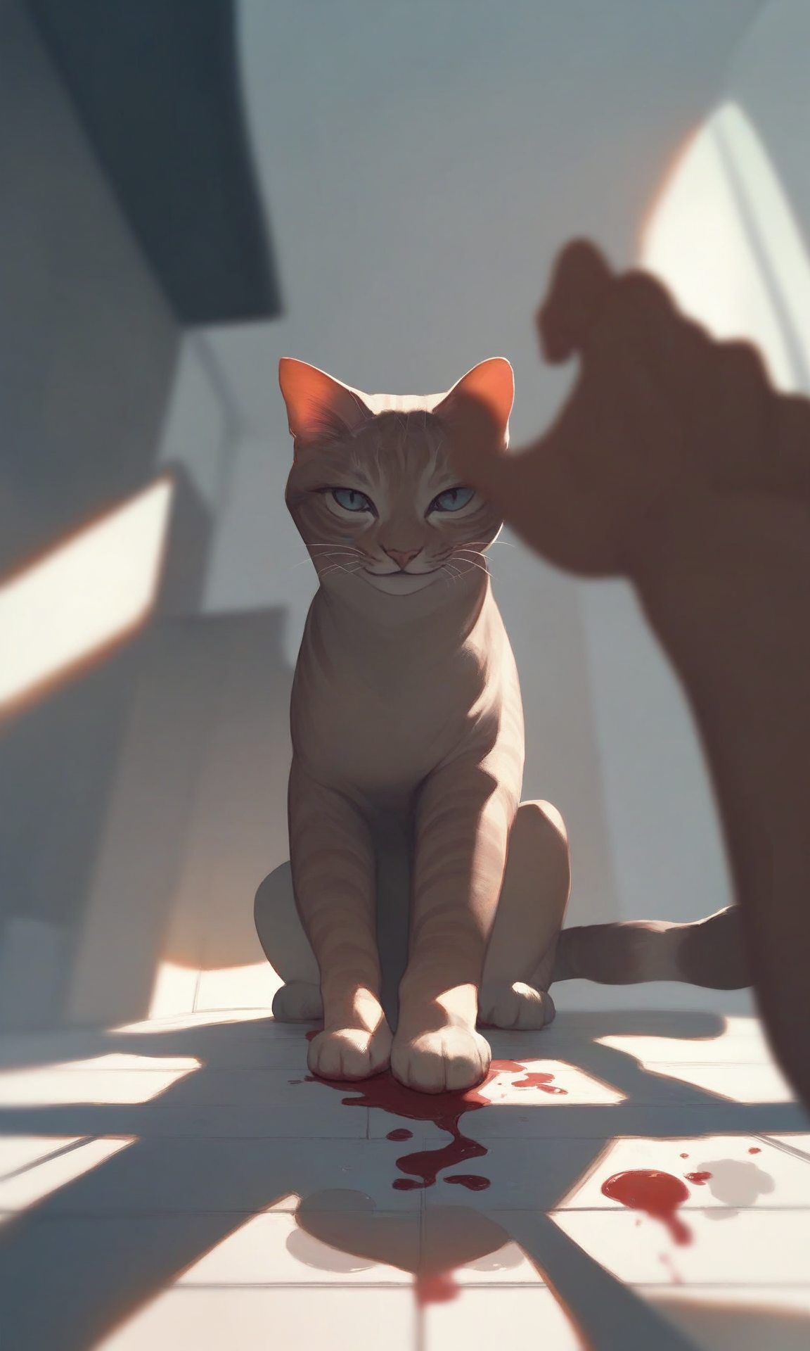 score_9, score_8_up, score_7_up, cat, smile, sitting, puddle of blood, shadow, looking at viewer, pov hands, ((from below)), on floor, room, grabbing, blurry background,