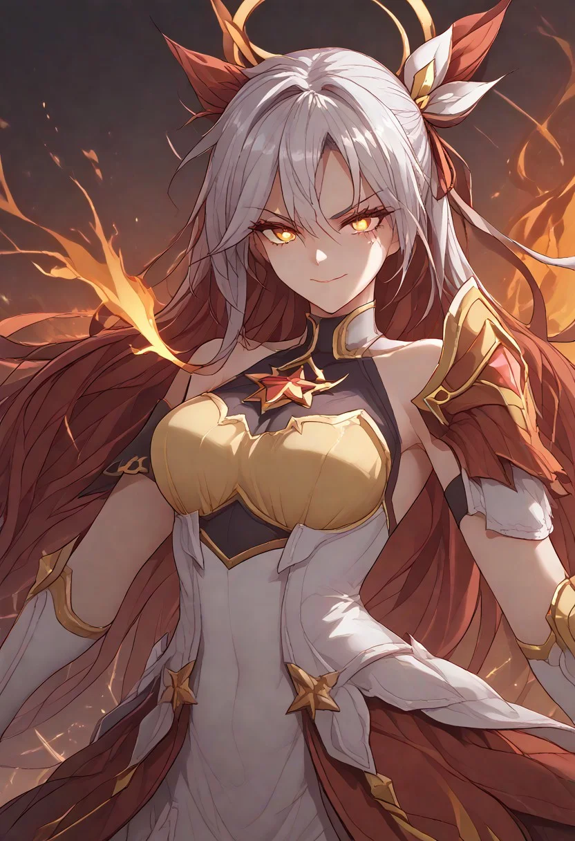 best quality, anime style, 1girl, silver hair, red glowing hair locks, solo, symbol-shaped pupils, yellow eyes, star guardian (league of legends), bare shoulders, white dress, golden dress, waero, long hair, El_Mas, armored dress, star (symbol), multicolored hair, busty, big tits, glowing hair, glowing eyes, gold armor, metal glow, shoulder armor, armor, fire, fire halo, fire magic, jewelry, flames, fire aura, dynamic pose, colorful, El_Flm, fire hair, smirking, shoulderguards, metal gloves, camellya