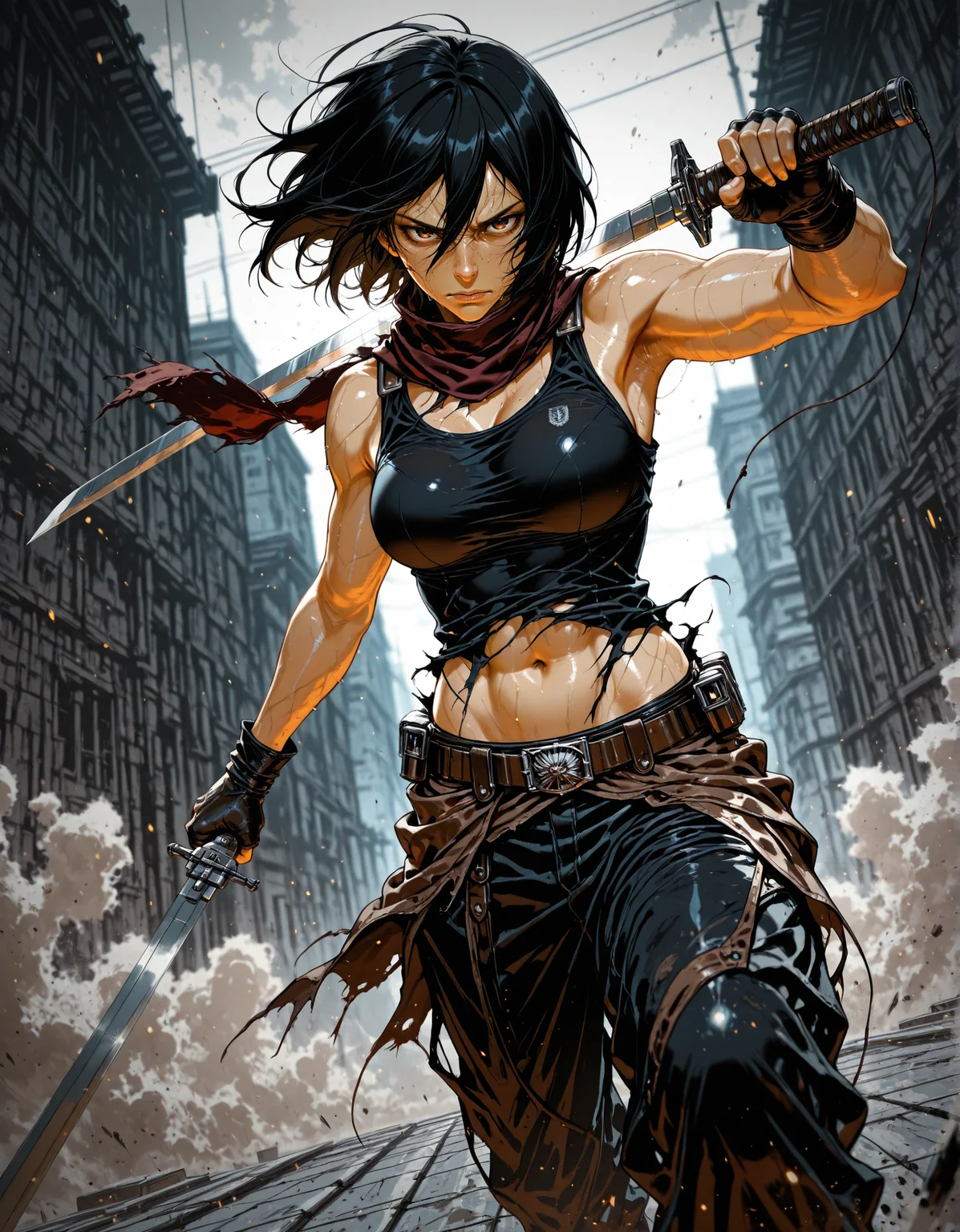 masterpiece, best quality,high quality, newest, highres,8K,HDR,absurdres, 1girl, mikasa ackerman, tank top, baggy pants, fingerless gloves, navel, pants, holding swords, on a building roof,, sweaty, shiny skin, limited palette, intense expression, dynamic pose, dramatic lighting, strong depth of field, wind-blown hair, torn fabric, gritty realism, cinematic shot, dutch angle, foreshortening, blurred background, dust particles., detailed background, dynamic pose, dynamic composition,dutch angle, detailed backgroud,foreshortening,blurry edges <lora:iLLMythM4gicalL1nes:1> M4gicalL1nes