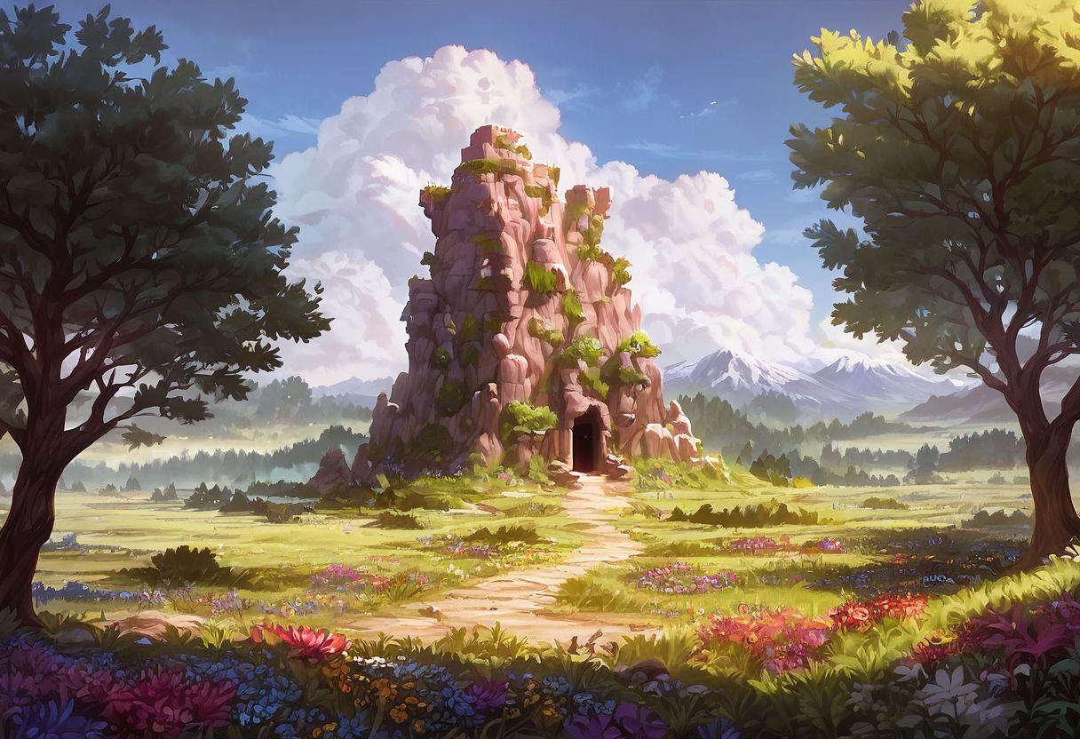 score_9,score_8_up,score_7_up, ultra detail, realistic, SPRING season
MOUNTAIN VALLEY, old stone tower in the distance, a large oak tree in a meadow filled with flowers and tall grass,