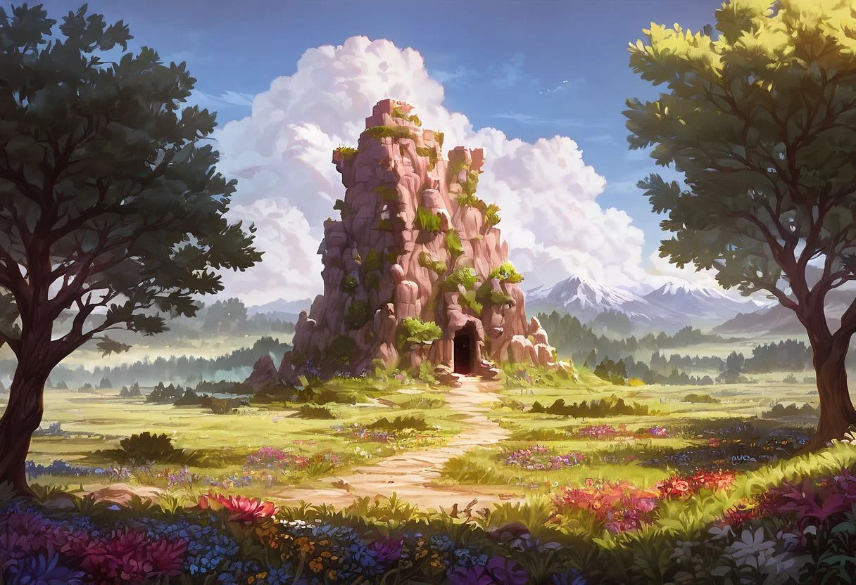 score_9,score_8_up,score_7_up, ultra detail, realistic, SPRING season
MOUNTAIN VALLEY, old stone tower in the distance, a large oak tree in a meadow filled with flowers and tall grass,