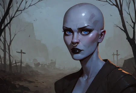 safe_pos, score_9, score_8_up, score_7_up, score_9, score_8_up, score_7_up, a rattataki female alien from star wars who is wearing a raider outfit, has a bald head, grey skin, blue eyes, the picture should look like an adult movie poster. Toned female, black lips, nose ring, in a wasteland, smooth bald head, showing off her tits, nsfw, 