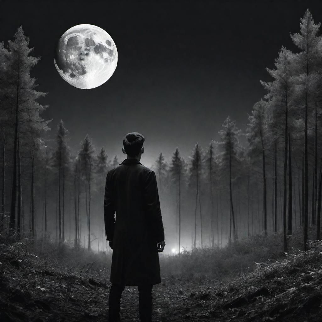 man in black, white hear, forest at background, rad moon on the dark sky