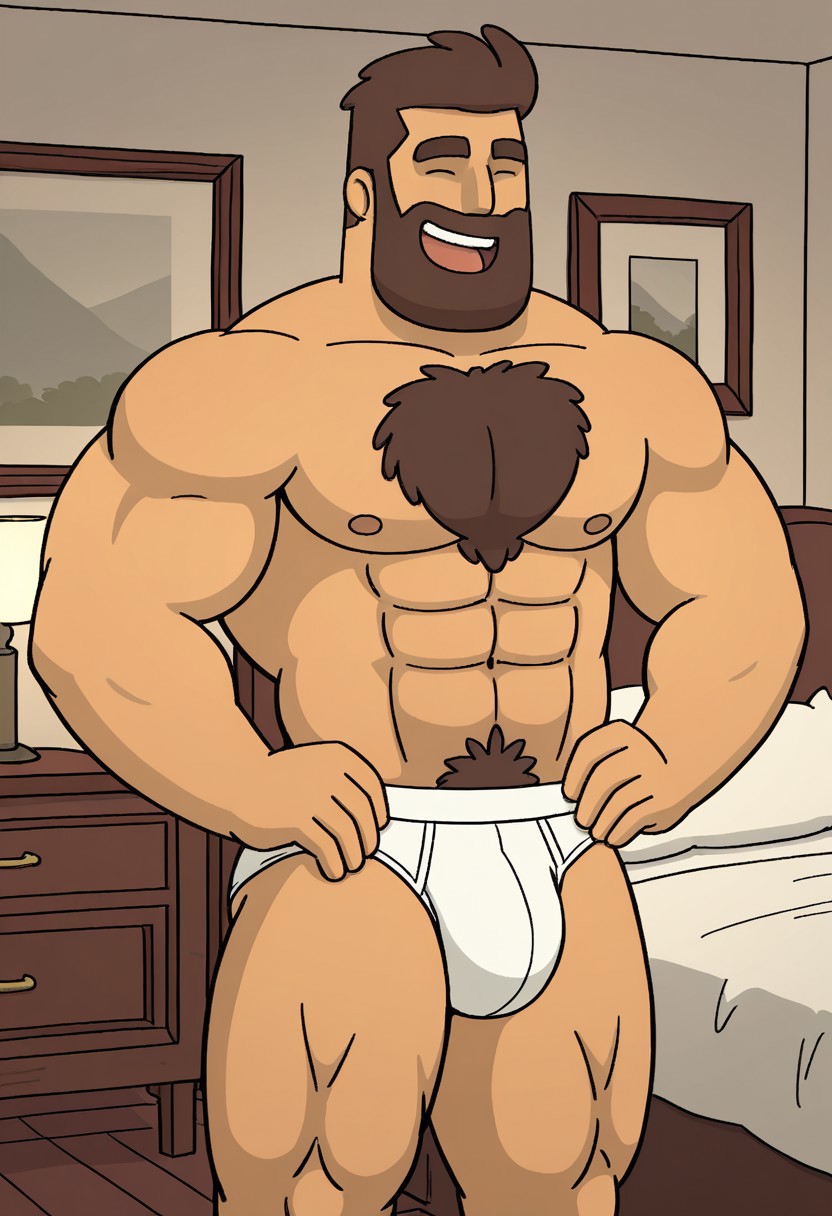detailed background, detailed background, masterpiece, perfect quality, best quality, detailed, newest, very aesthetic, GrantRMA, black dot eyes, facial hair, short hair, bara, solo, beard, brown hair, 1boy, male focus, interior background, pectorals, abs, muscular, chest hair, luxurious bedroom, smile, white briefs, bulge, happy, laughing, eyes closed, ^ ^